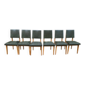Série de 6 chaises scandinaves vintage bois massif et skaï vert 60s