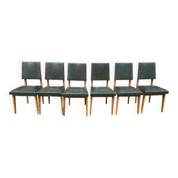Set of 6 vintage Scandinavian chairs in solid wood and green faux leather from the 60s.