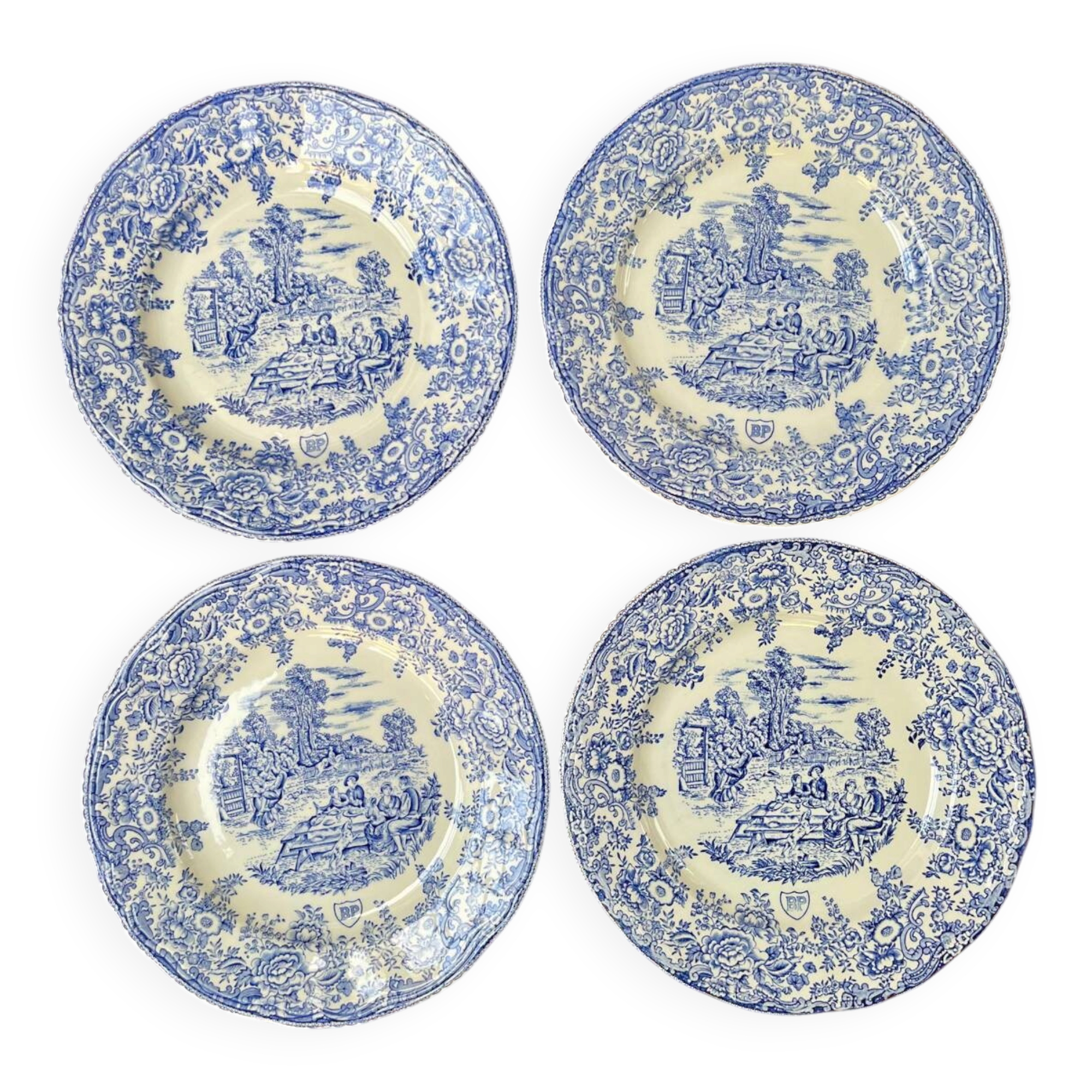 Set of 4 vintage BP blue plates – earthenware decorated with a rural scene