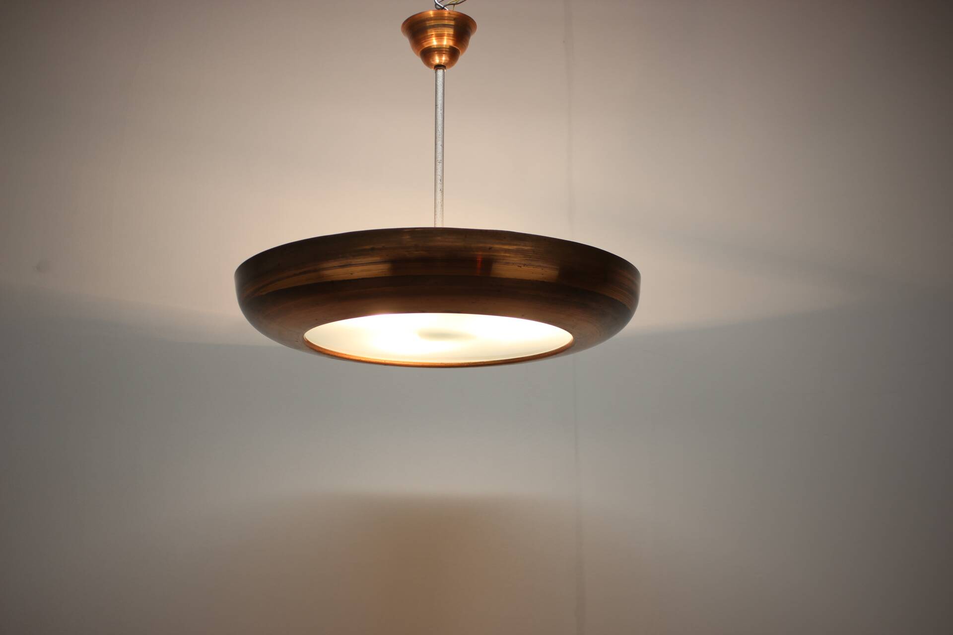 Large Art Deco Copper UFO Hanging Lamp, Czechoslovakia, 1930s