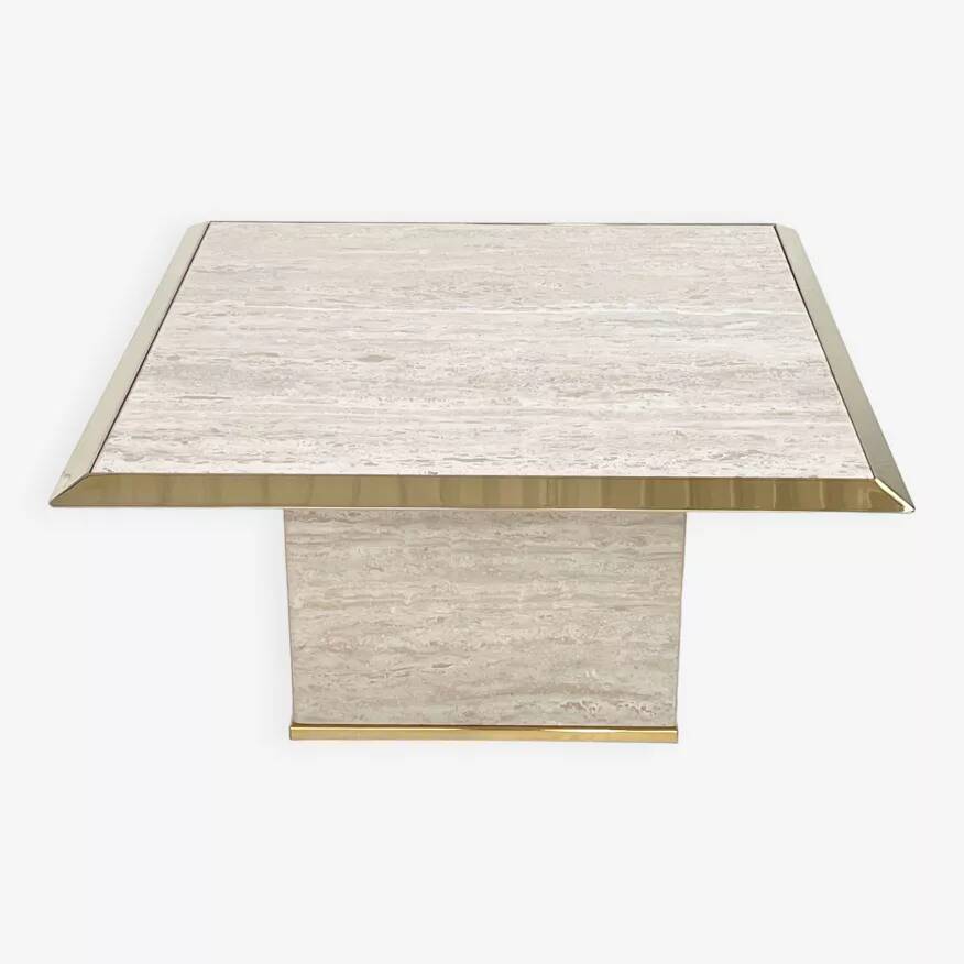 1970s square coffee table in travertine and brass