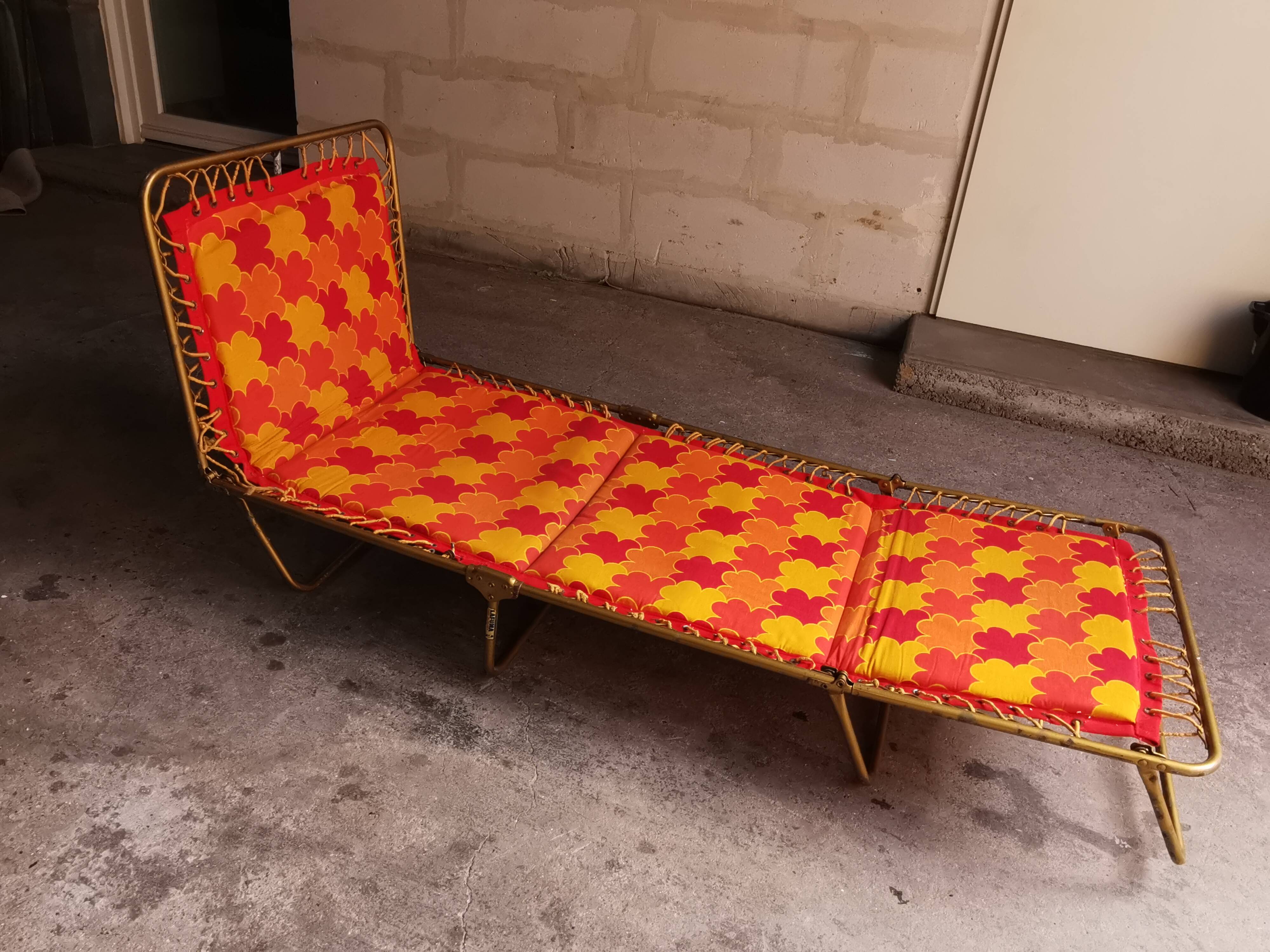 Orange sun lounger, deckchair, vintage 70's lafuma camping lounge chair