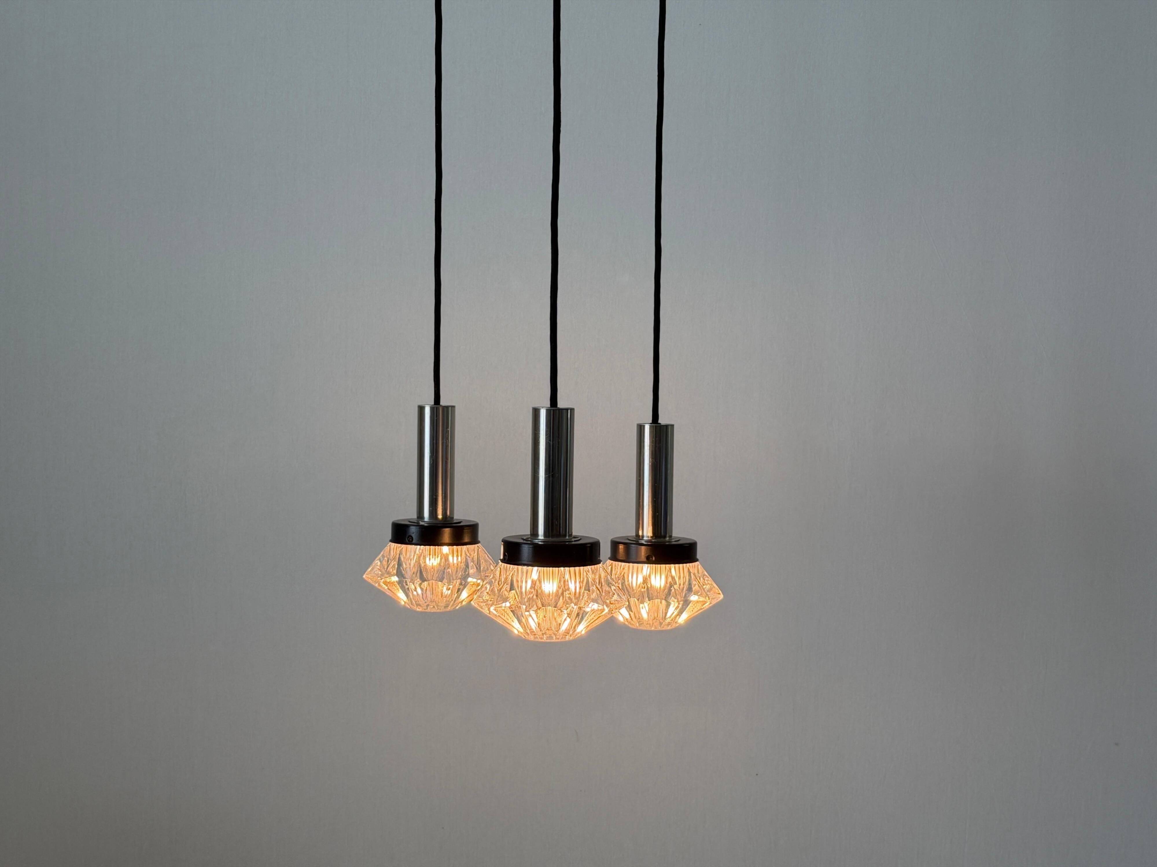 Suspended cascade lamp with 3 glass crystal and metal shades, 1960s, Germany
