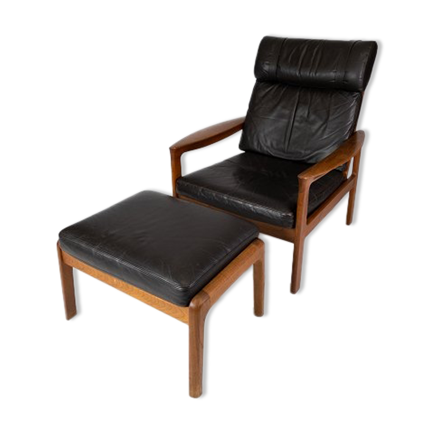 Easy chair with stool in teak upholstered with black leather design Arne Wahl Iversen