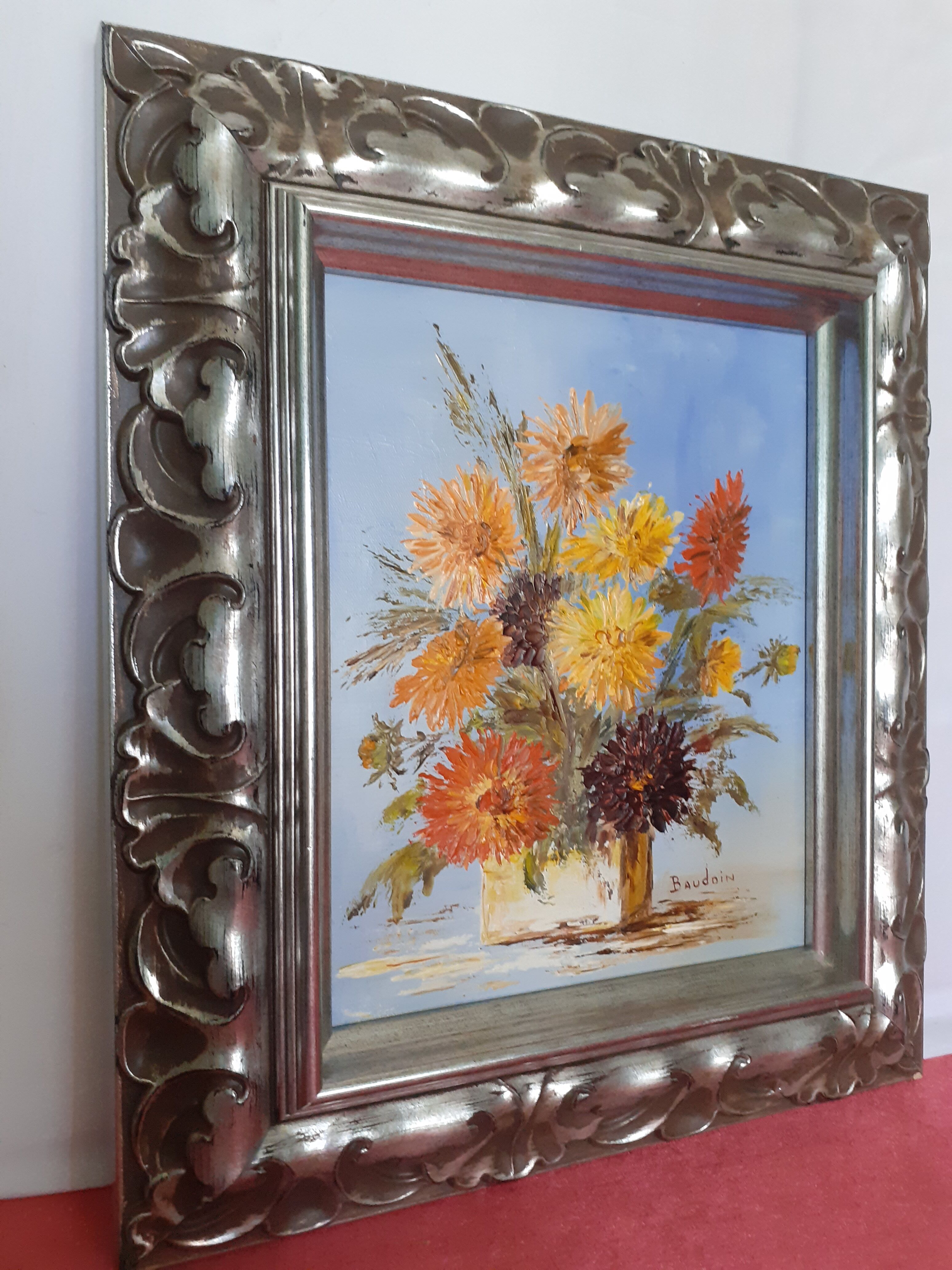 Ancient oil on canvas signed flower motif very beautiful silver framing