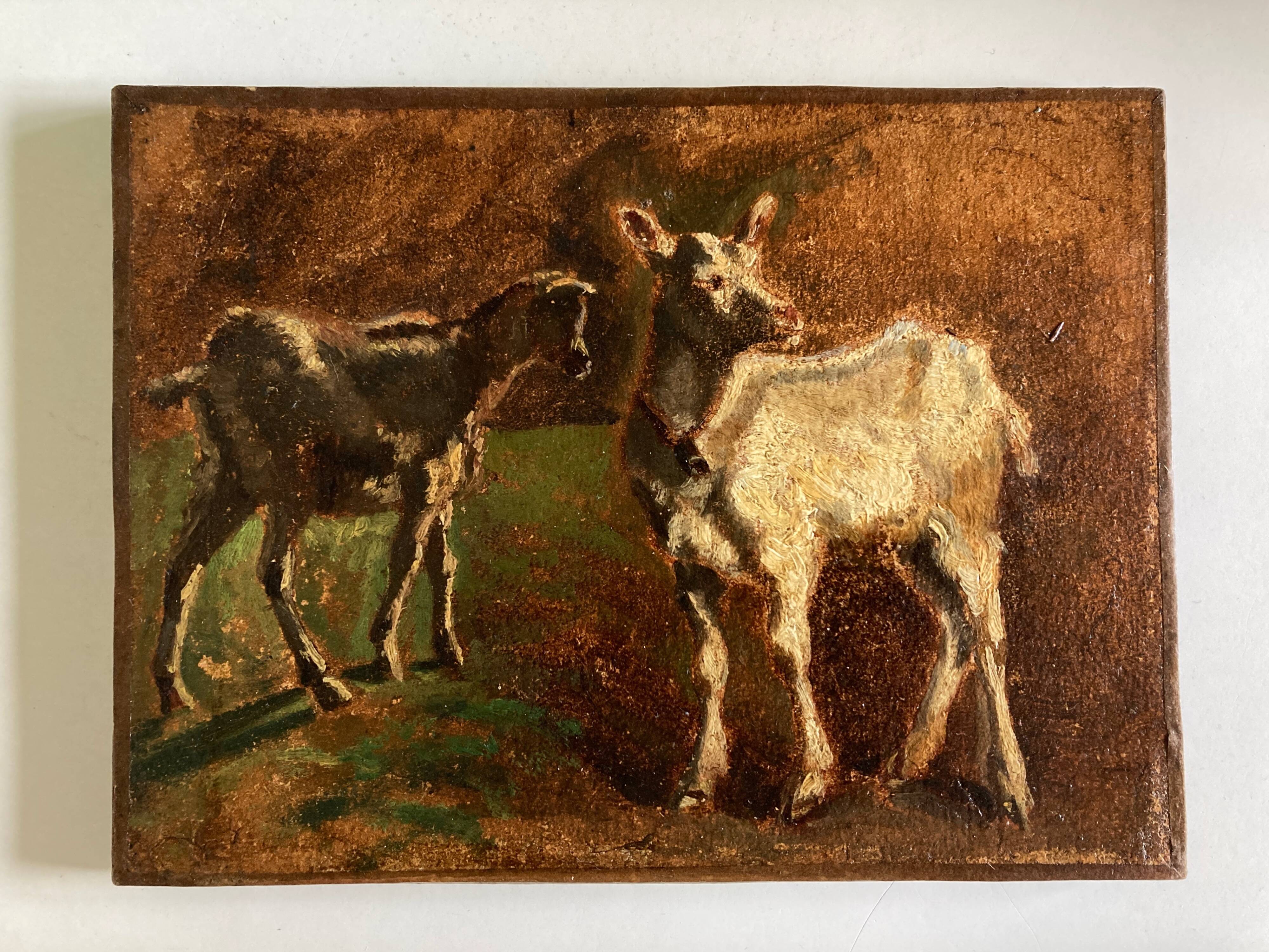Portrait on the farm goats in the meadow 19th oil on canvas
