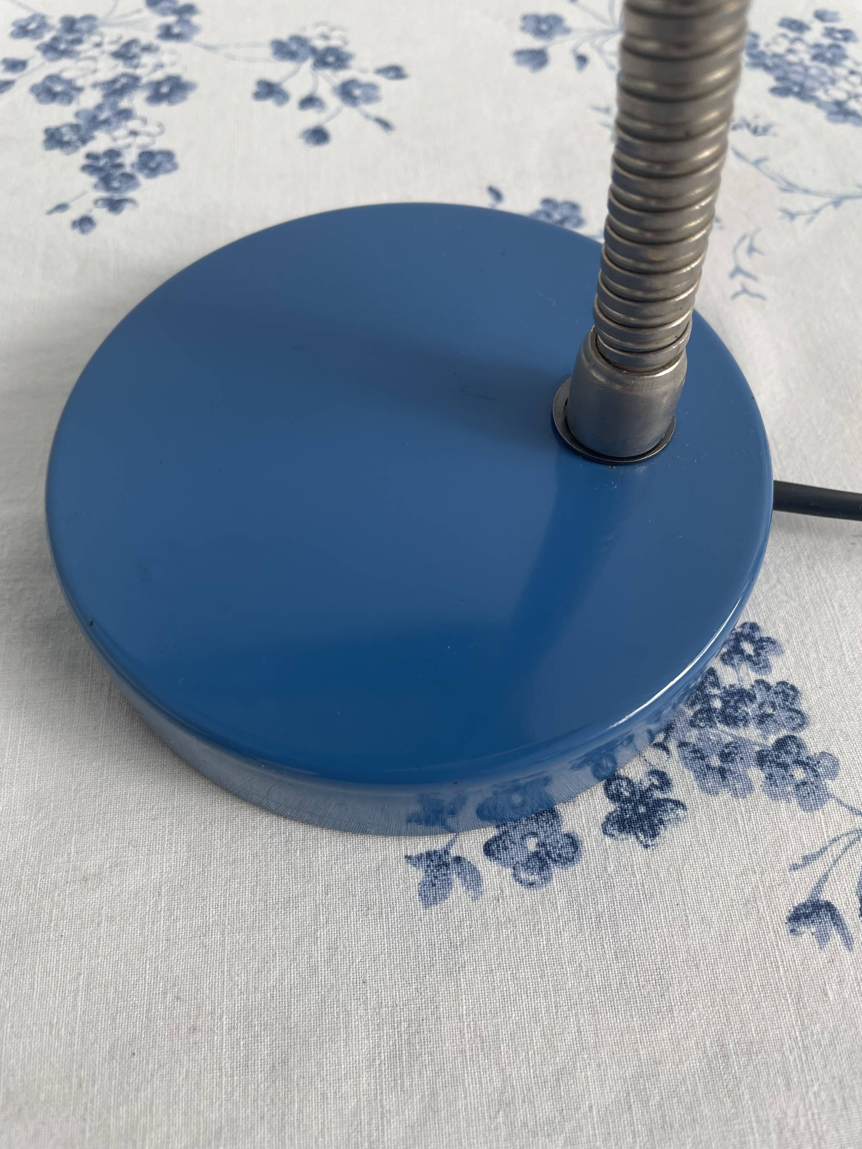 Vintage blue desk lamp, 1970s, flexible chrome metal