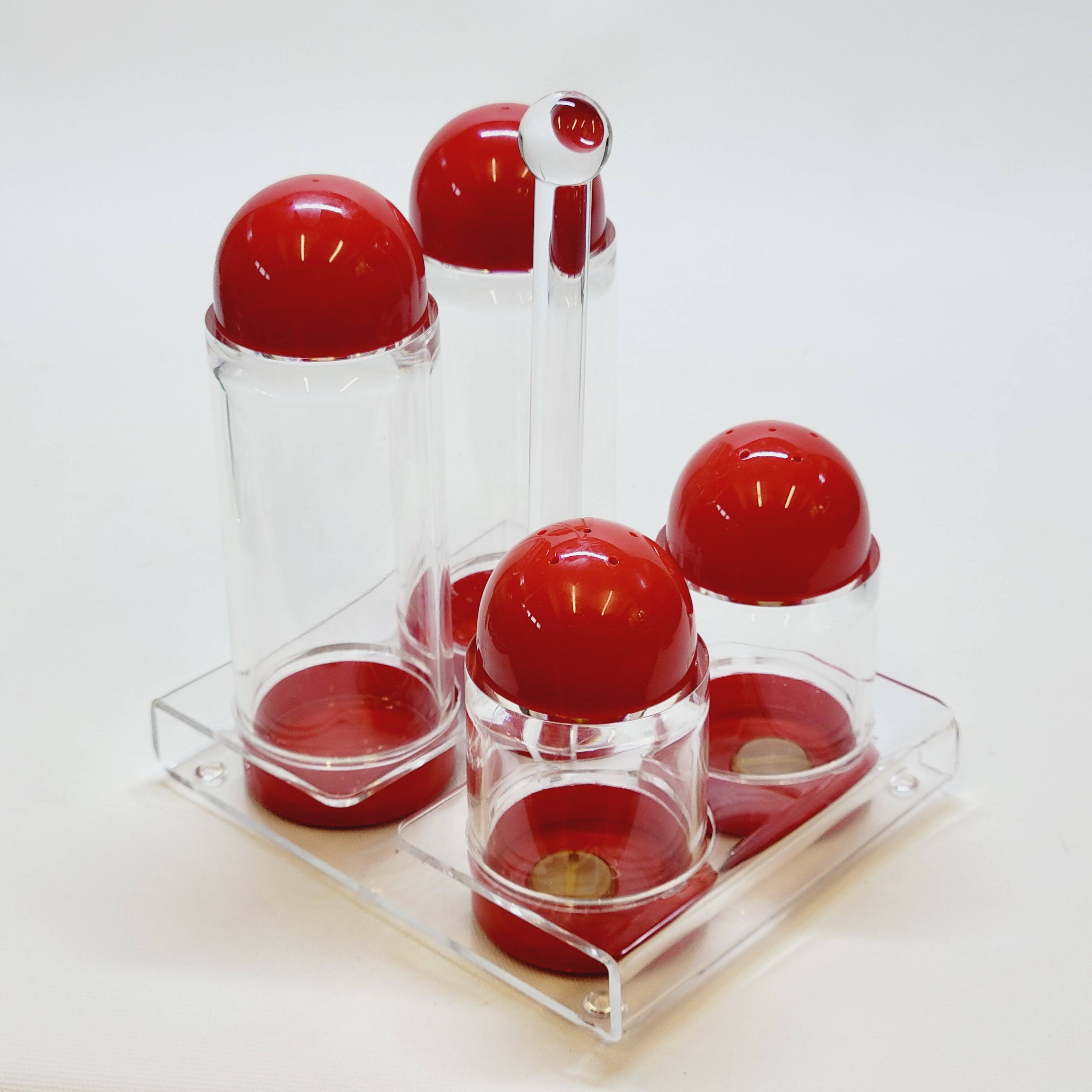 Condiment service oil vinegar salt pepper vintage plexi and red plastic