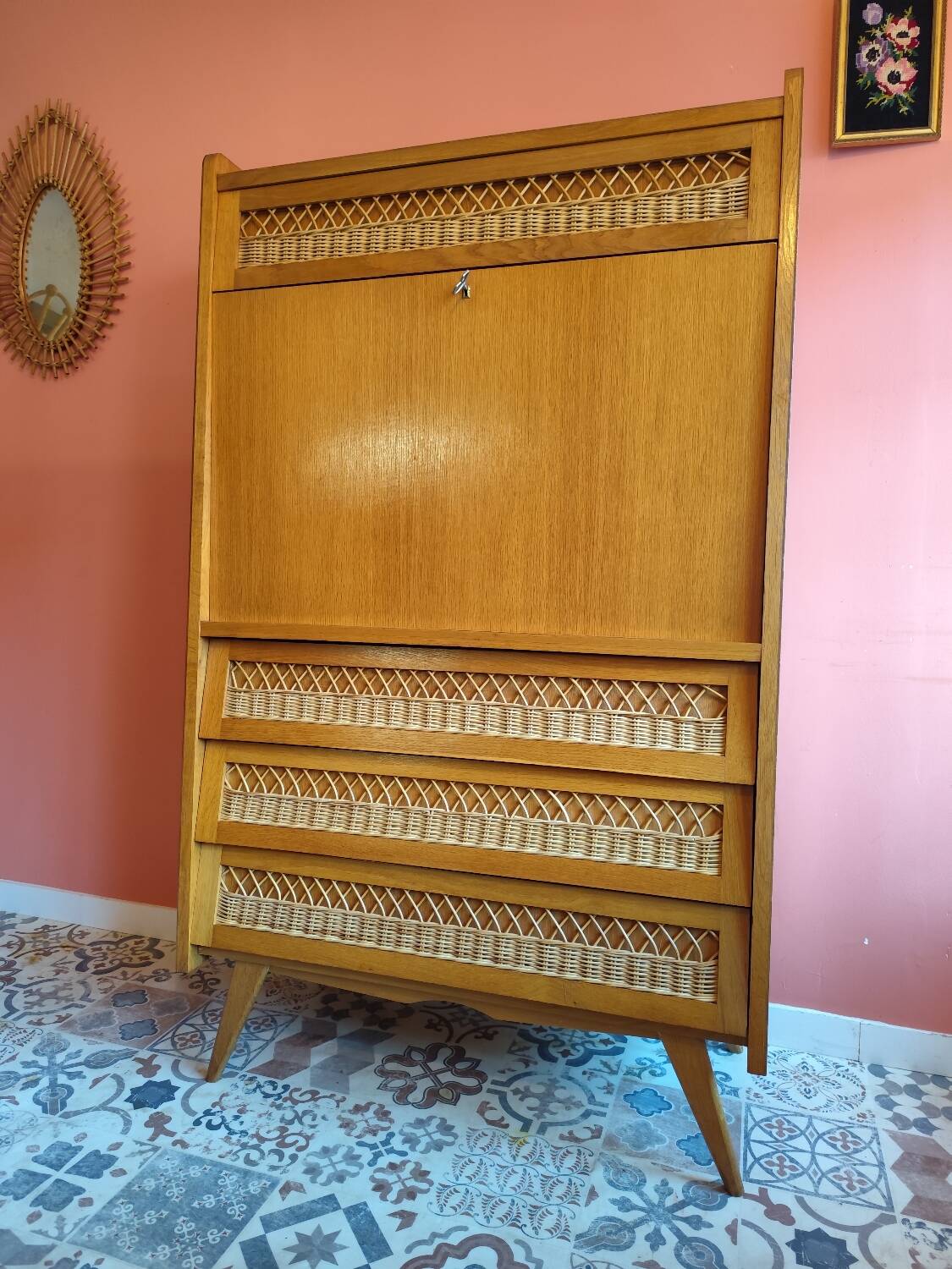 Vintage secretary desk in wood and rattan