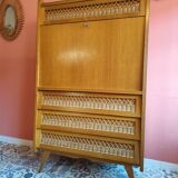 Vintage secretary desk in wood and rattan