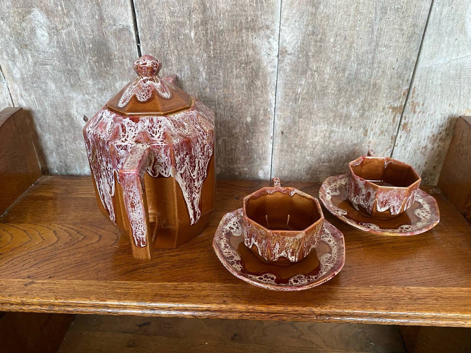 Antique gf art deco teapot flamed ceramic brown vintage