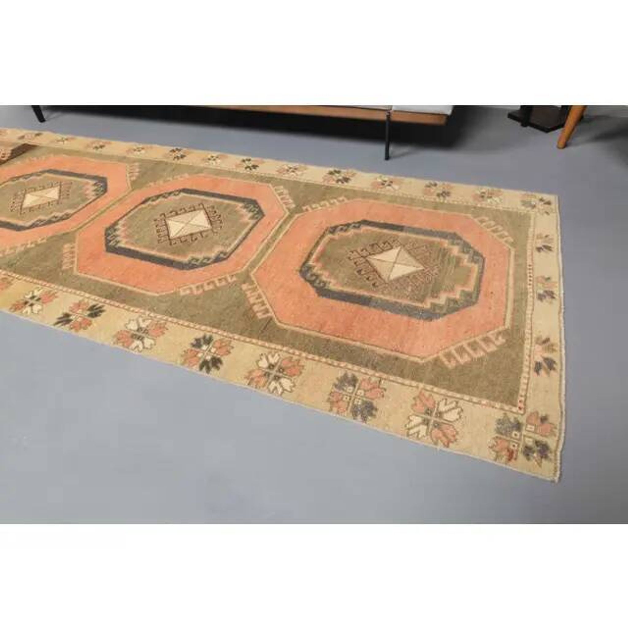 Couloir vintage turc Oushak fait main en laine et coton orange 101x295
