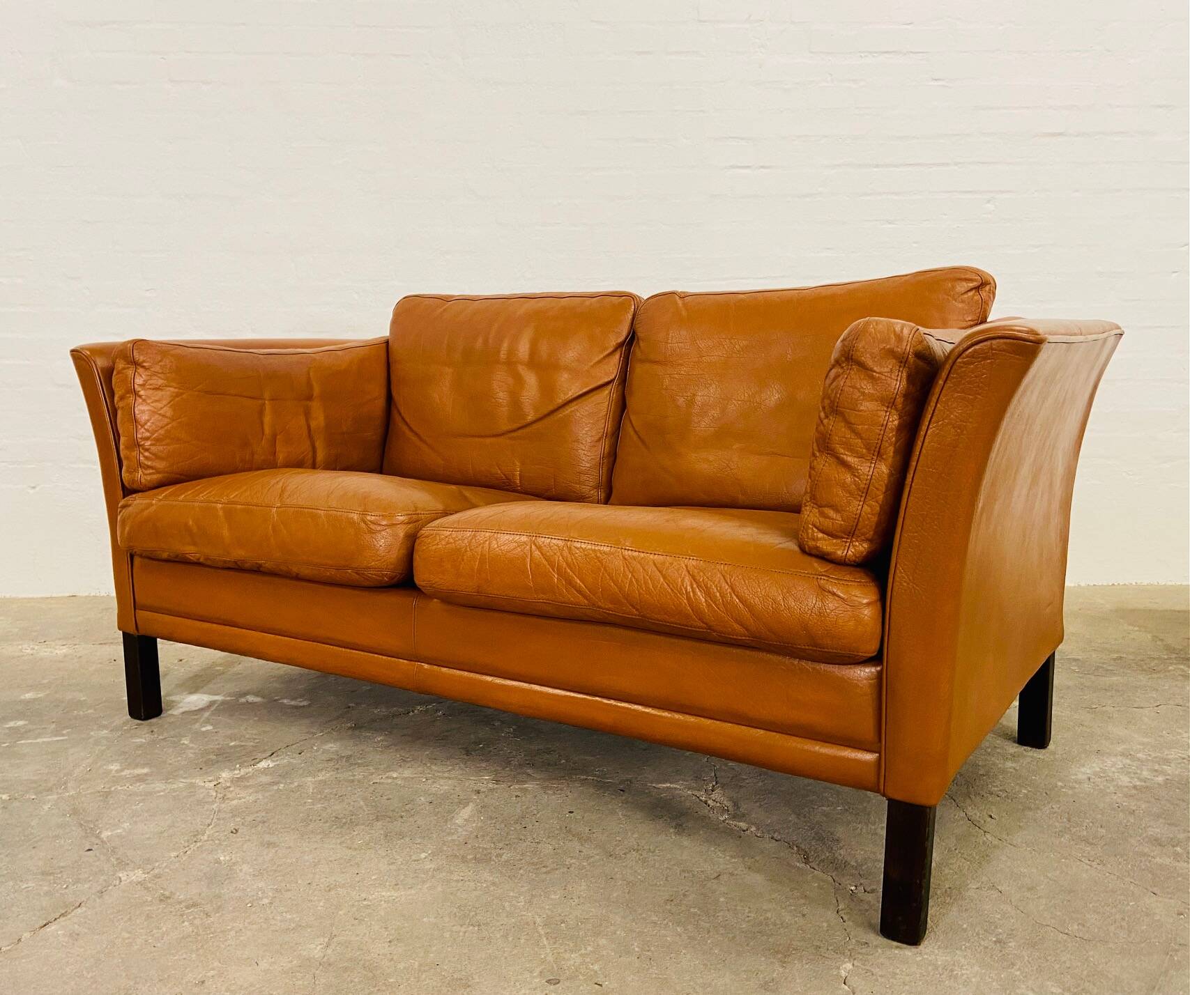 Vintage danish mid century mogens hansen 2 person tan cognac leather sofa