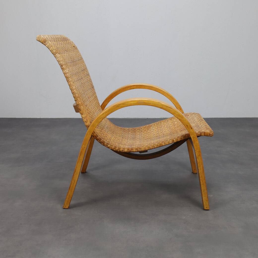 Rare Armchair in Wood and Woven Rattan, 1960s