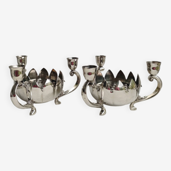 Pair of silver-plated lotus candle holders