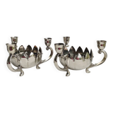 Pair of silver-plated lotus candle holders