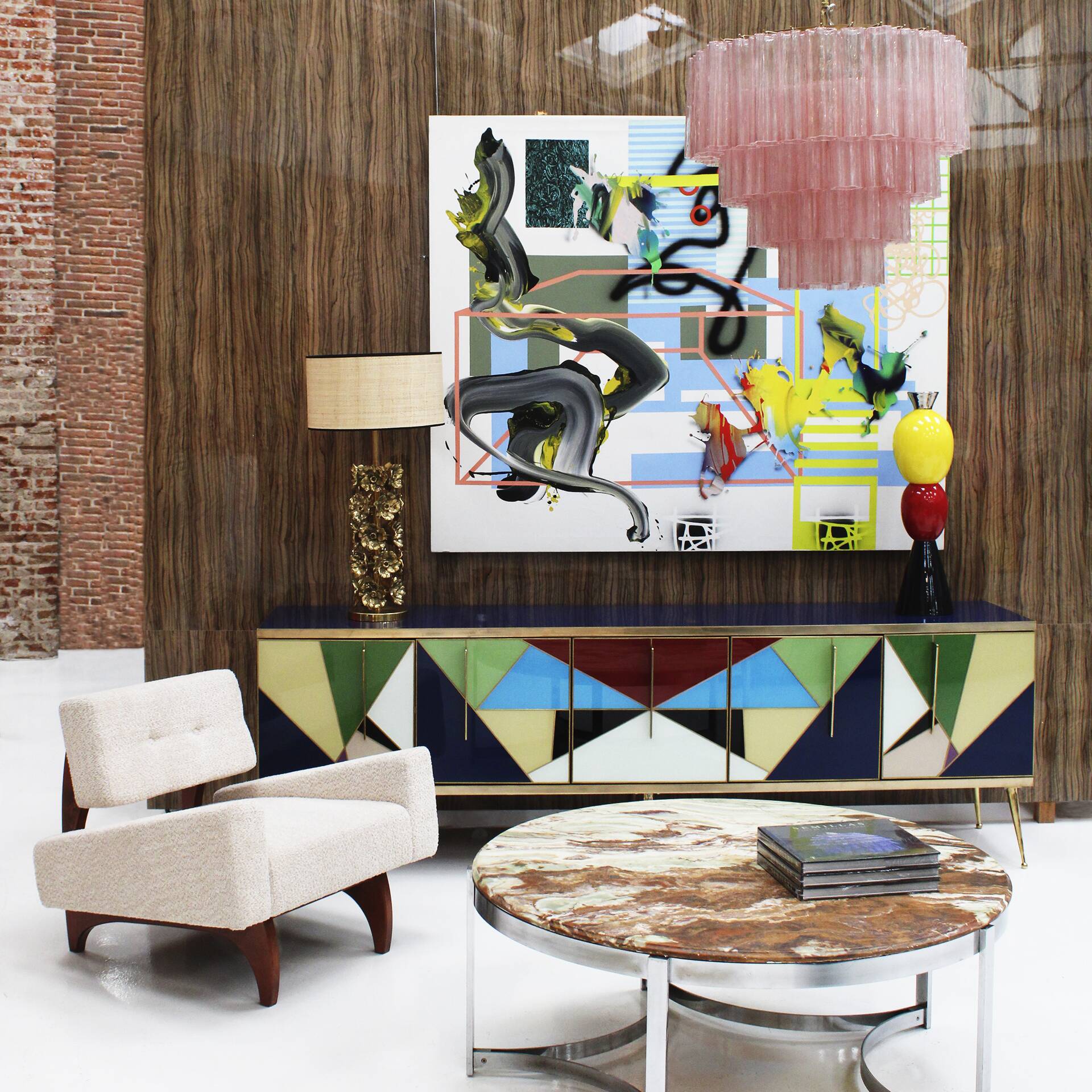 Mid-Century Modern Style Italian Sideboard Made of Wood Brass and Colored G