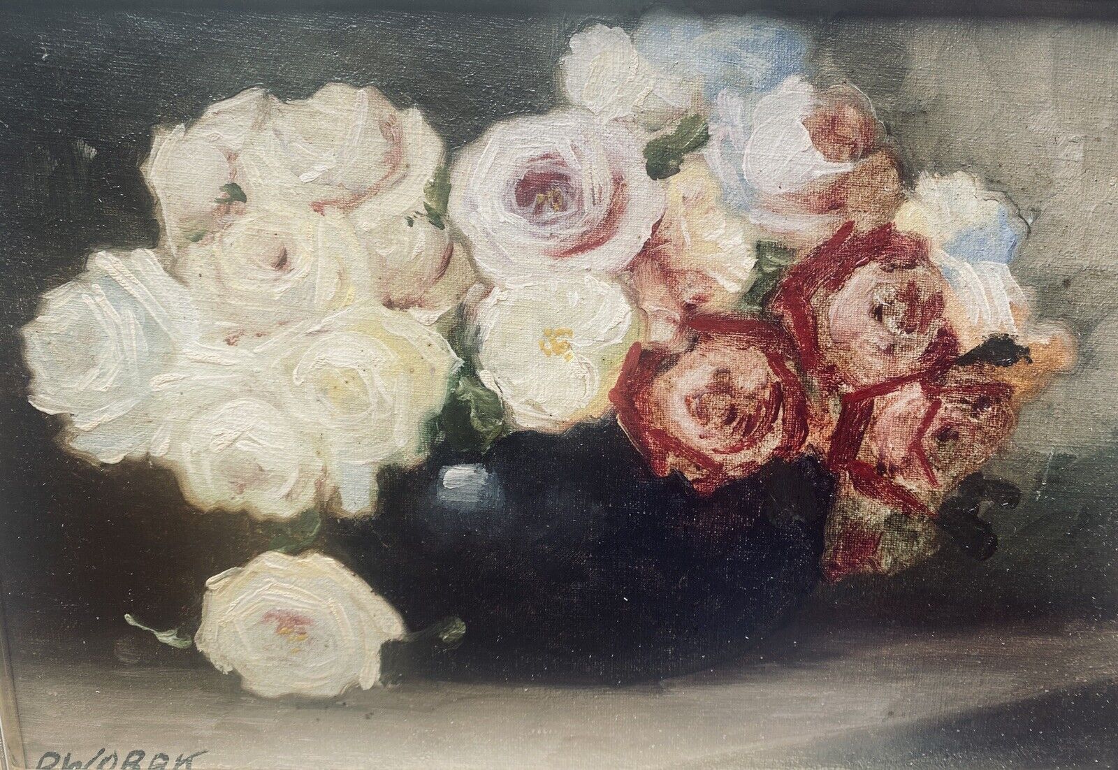Tableau bouquet de roses signé Dworak début 20e + Cadre Post Impressionniste