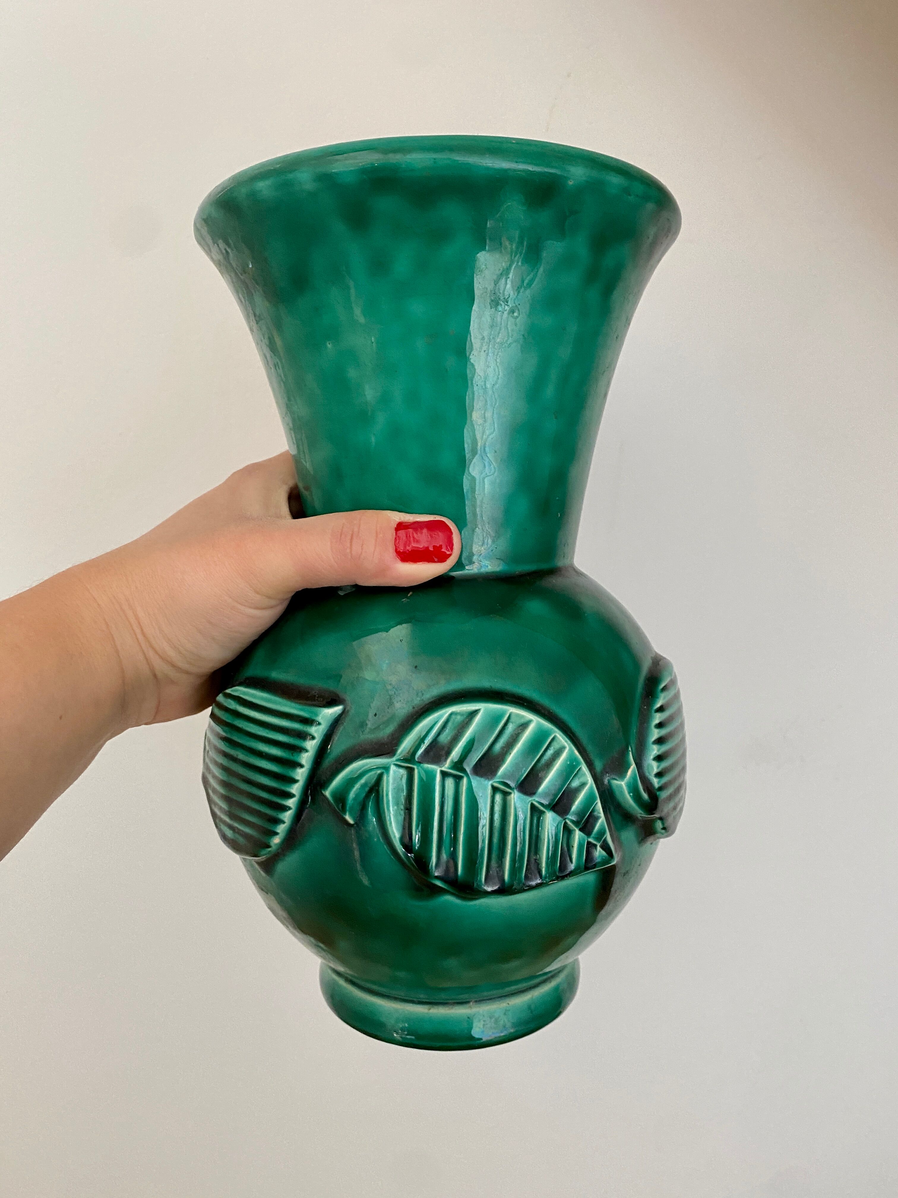 Vase vintage art déco en céramique verte