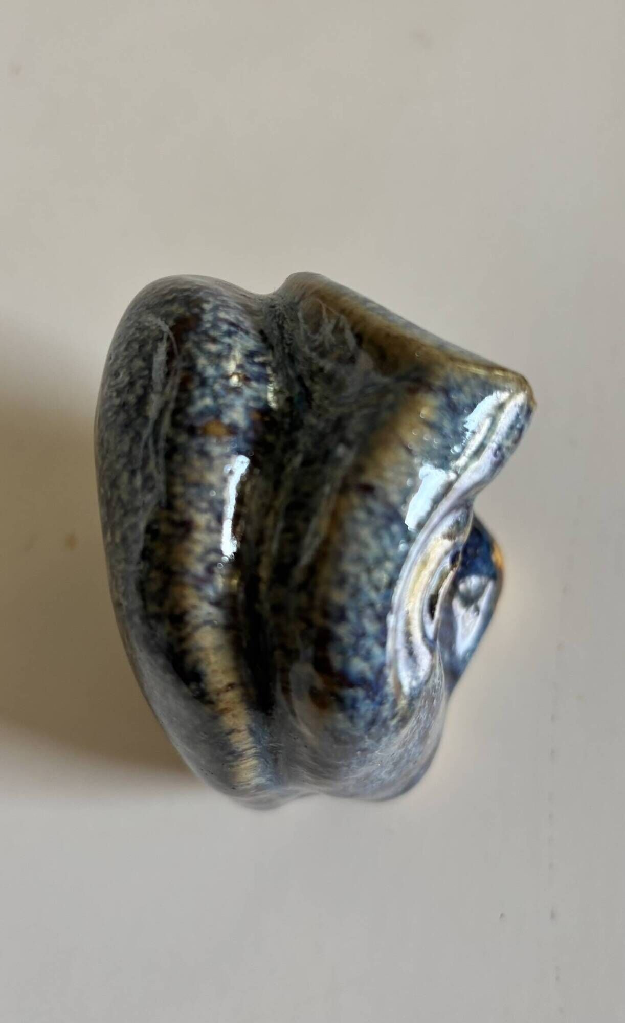 Miniature owl figurine in raku ceramic by Annie Maume, Vintage 1970.