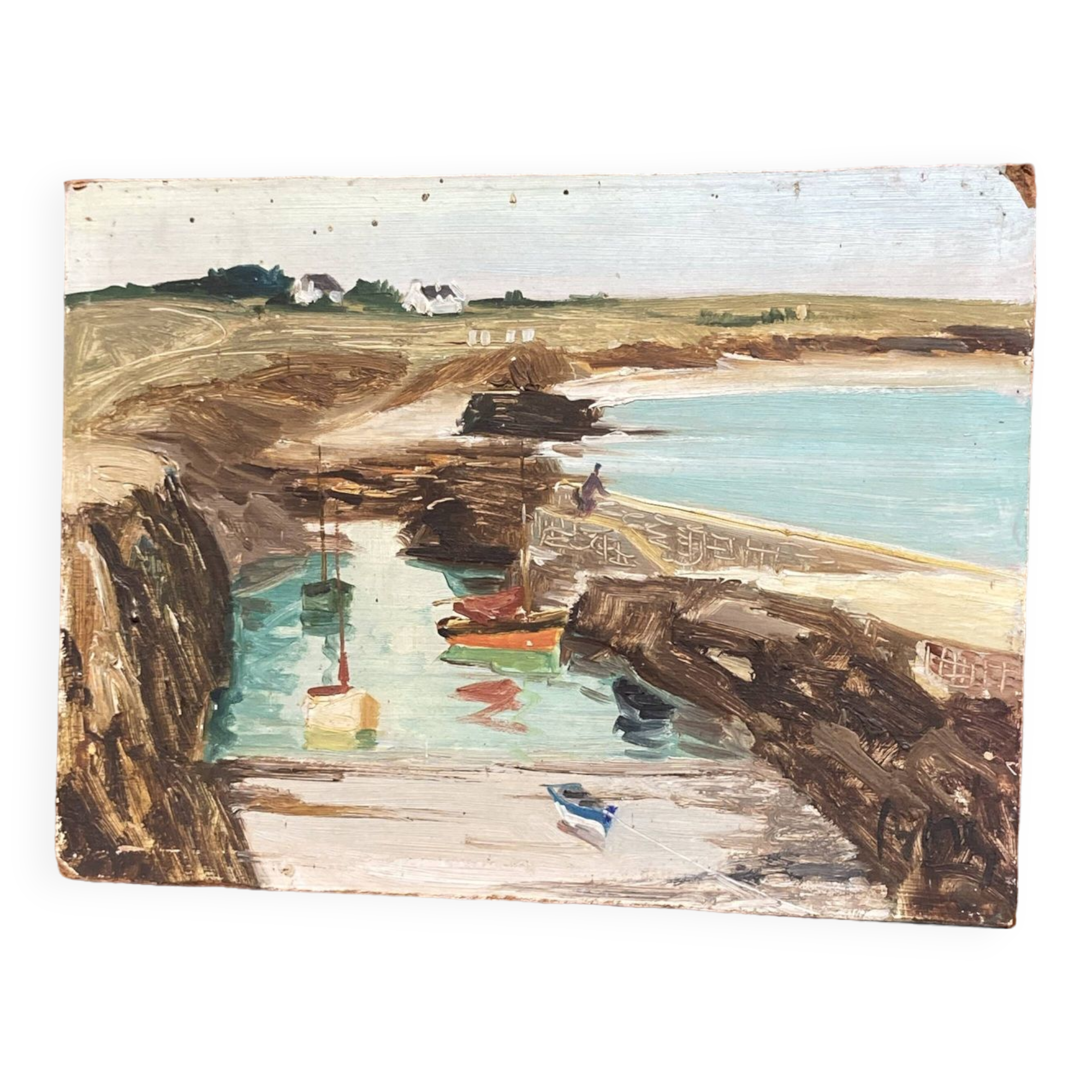 Oil on wood of a seaport signed B. Ny