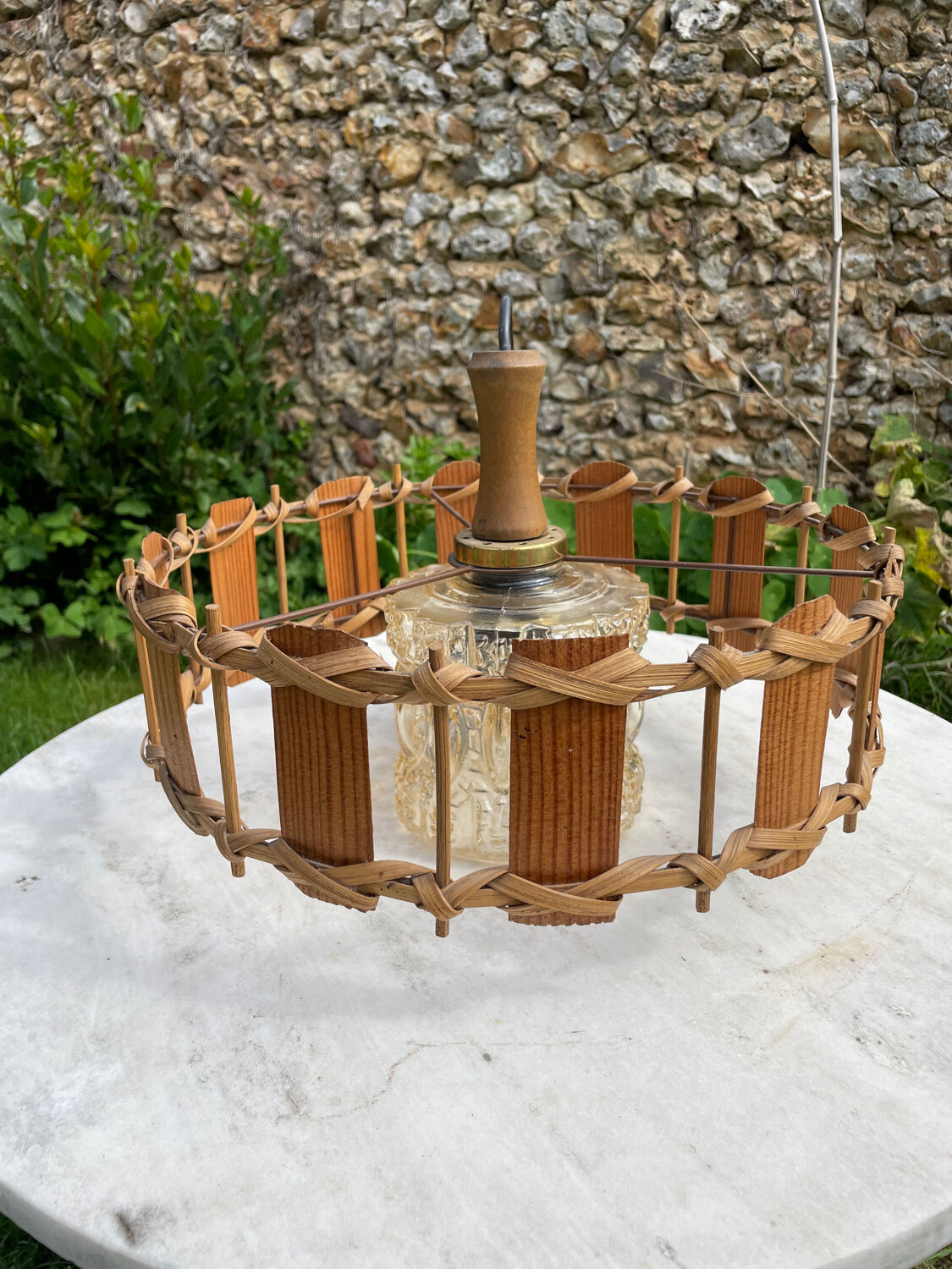 Rattan wood and glass pendant light 1970