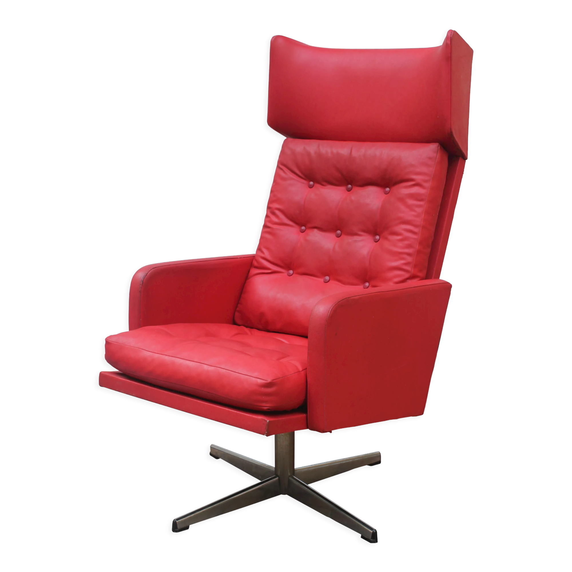 Fauteuil pivotant en cuir rouge des années 1970