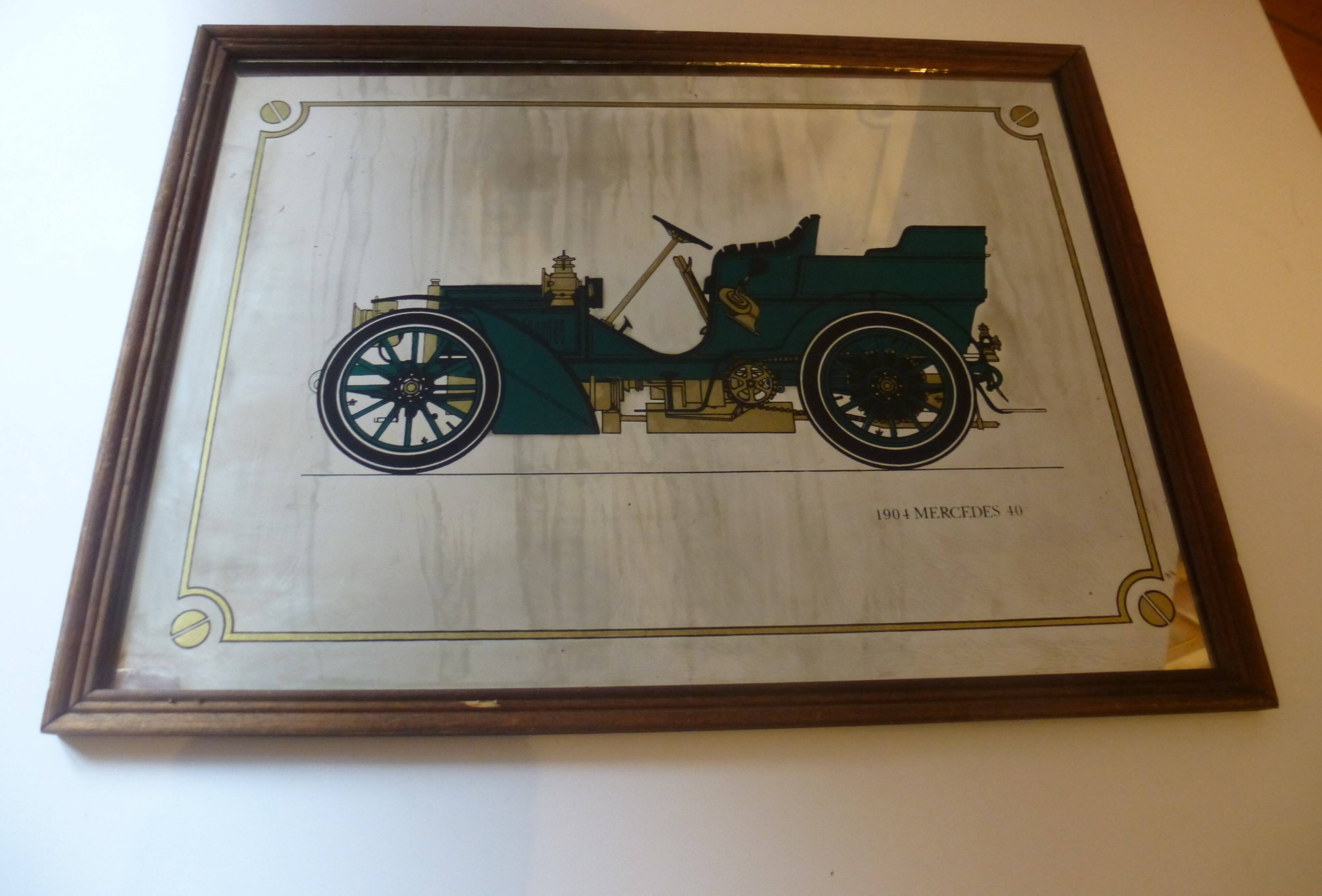 Screen-printed mirror of old car "1904 Mercedes 40" vintage 1970s