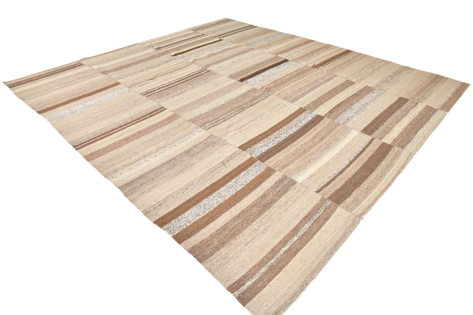 Brown & Beige Striped Large Vintage Kilim Rug, 306x336Cm