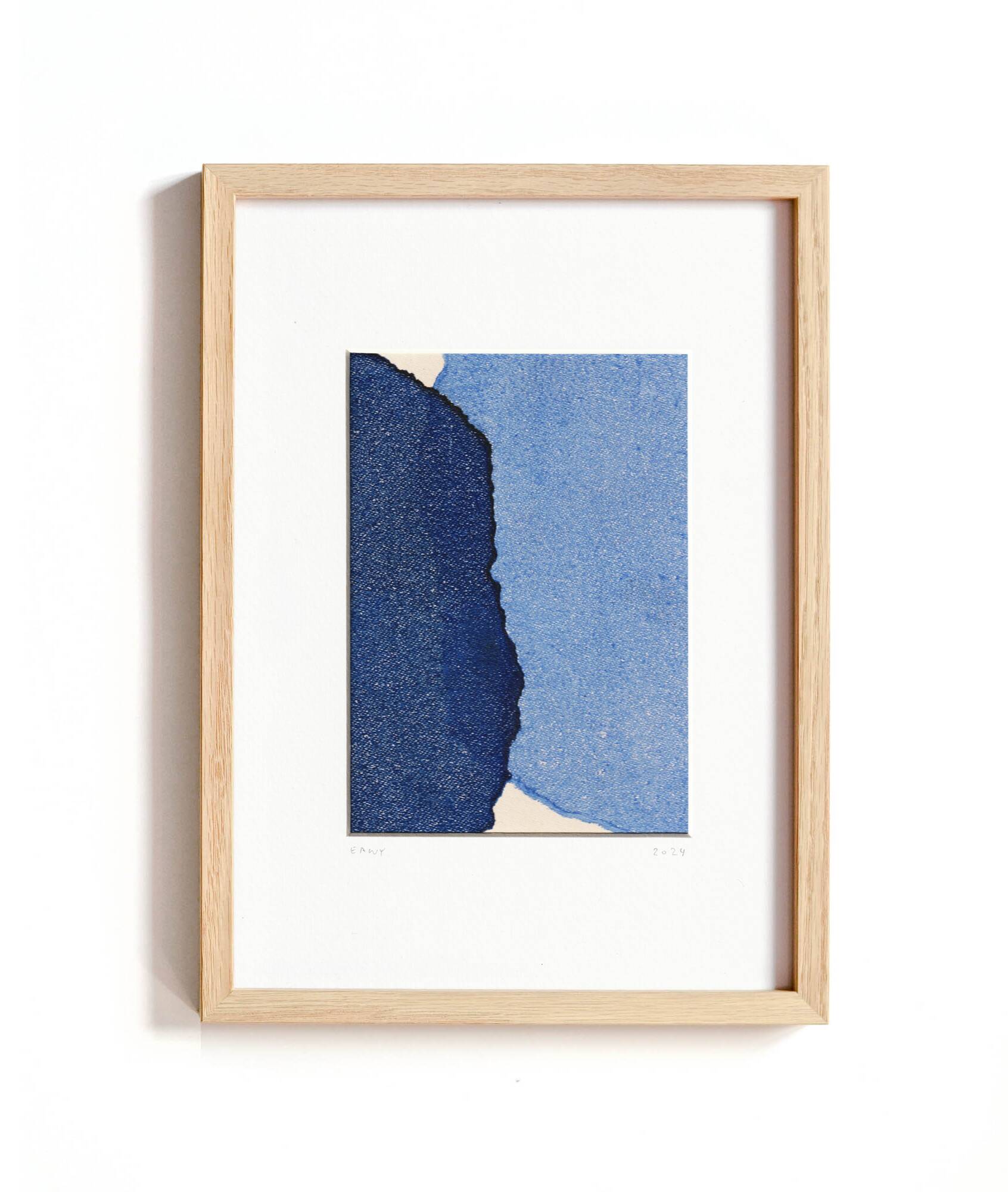 Peinture abstraite sur papier bleu signée Eawy