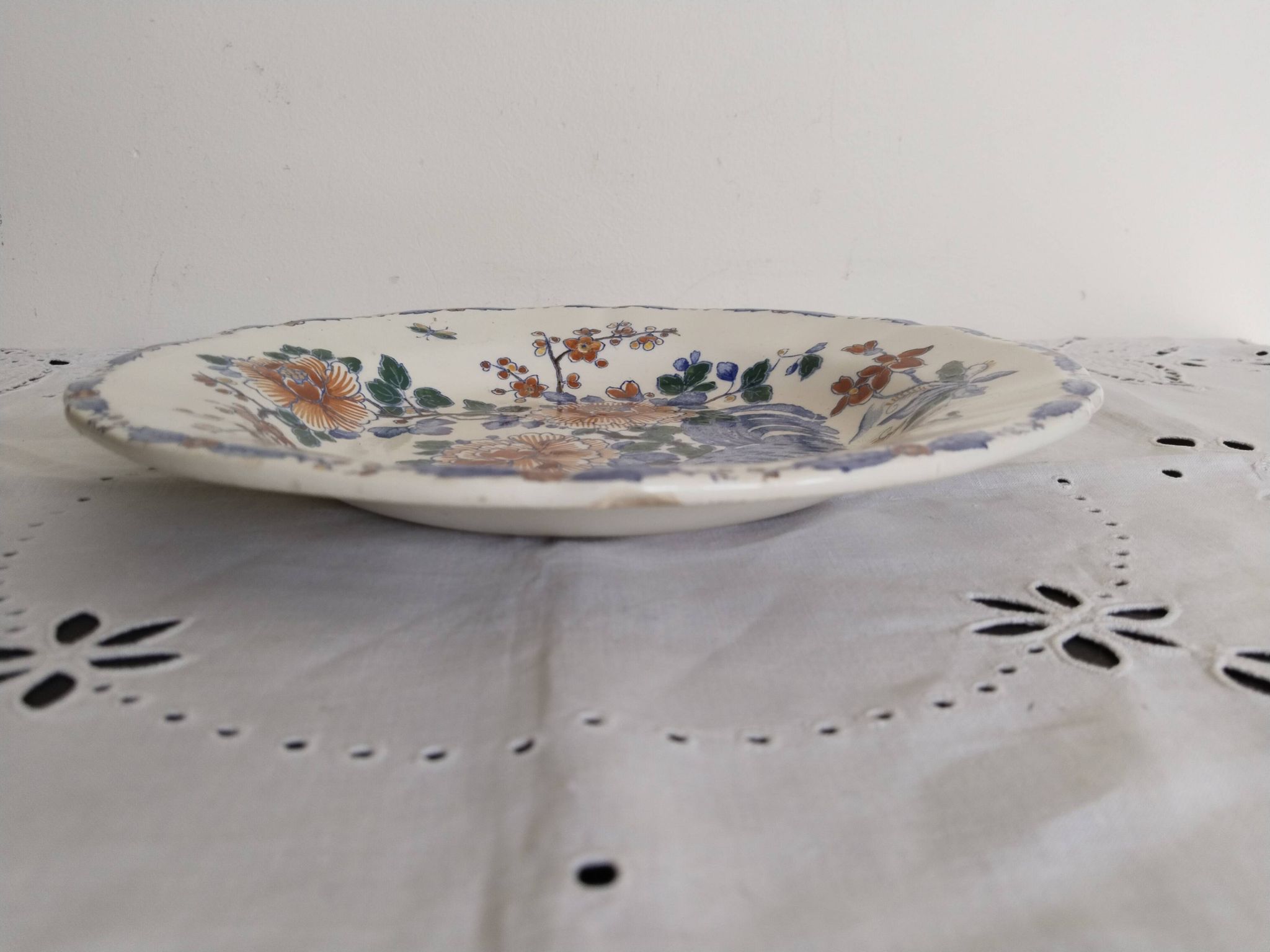Deep plate or dish in Gien earthenware, rooster and peonies model, numbered, 1930s