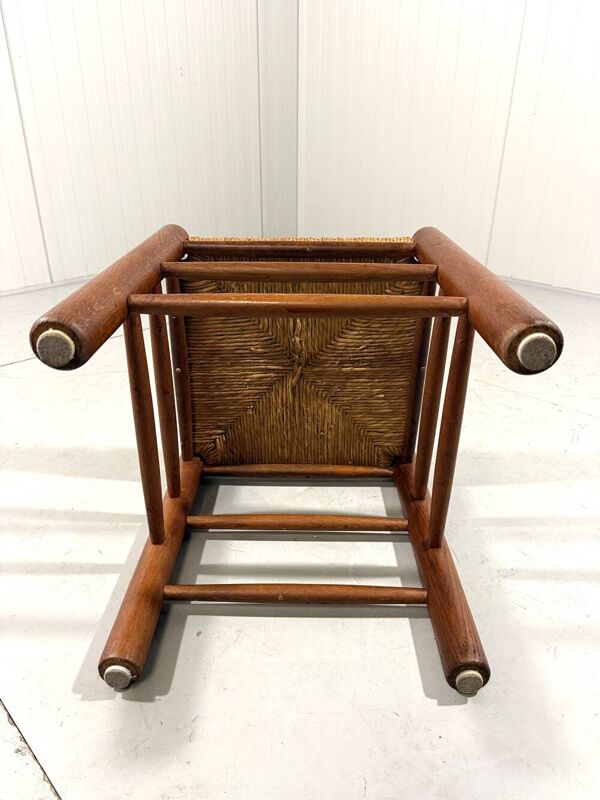 Tabouret en chêne avec assise en paille des années 1950-60.