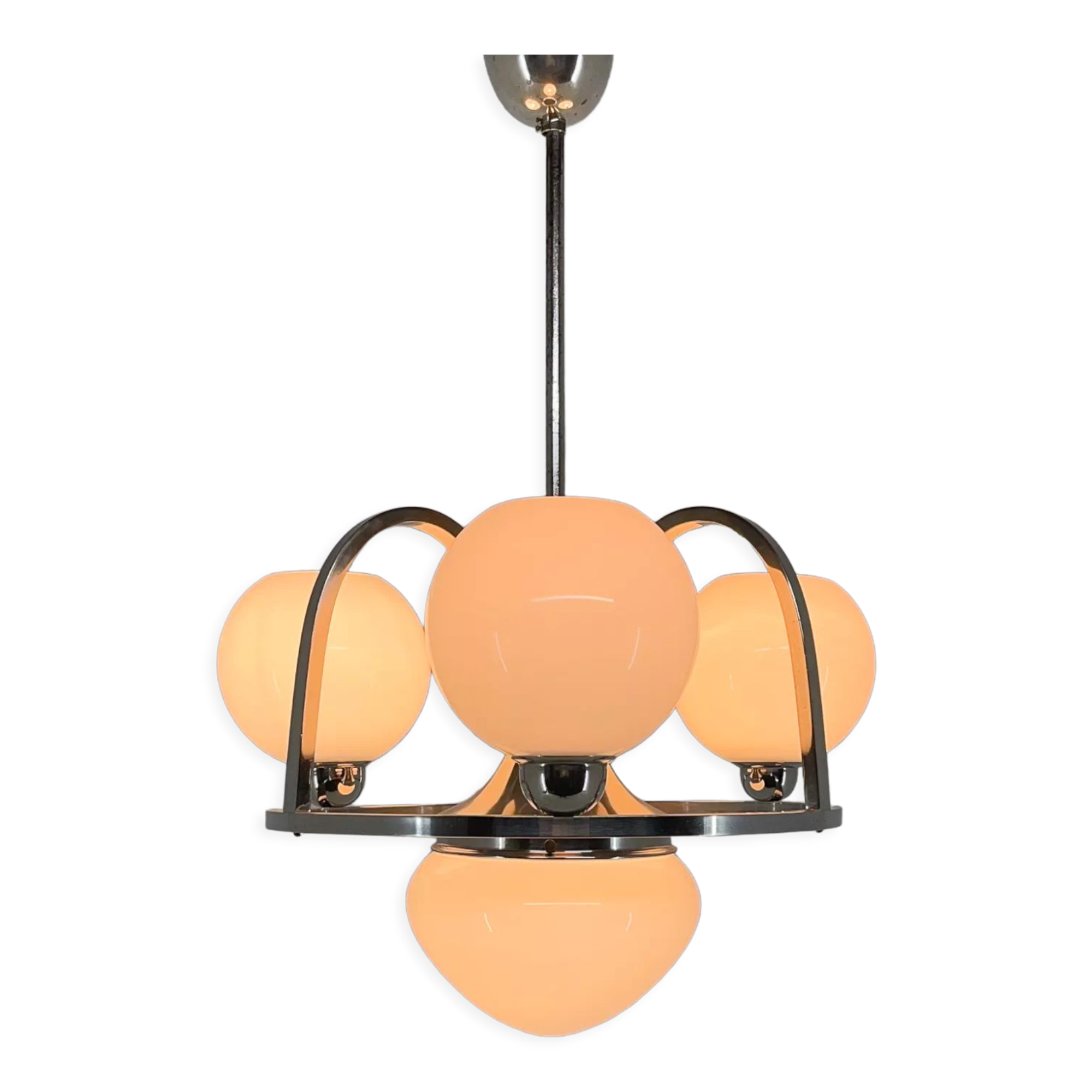 Art Deco Chrom & Milk Glass Chandelier, Restored, 1930's