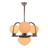 Lustre Art Déco en chrome et verre laiteux, restauré, années 1930