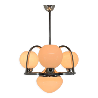 Art Deco Chrom & Milk Glass Chandelier, Restored, 1930's