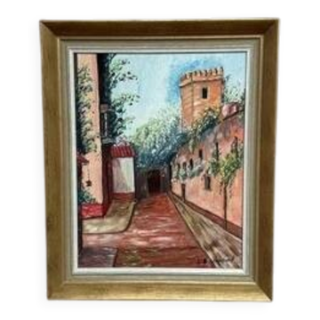 Huile sur panneau du milieu du siècle "Rue vide" par K.A Granlund, vintage et encadrée 41×51 cm
