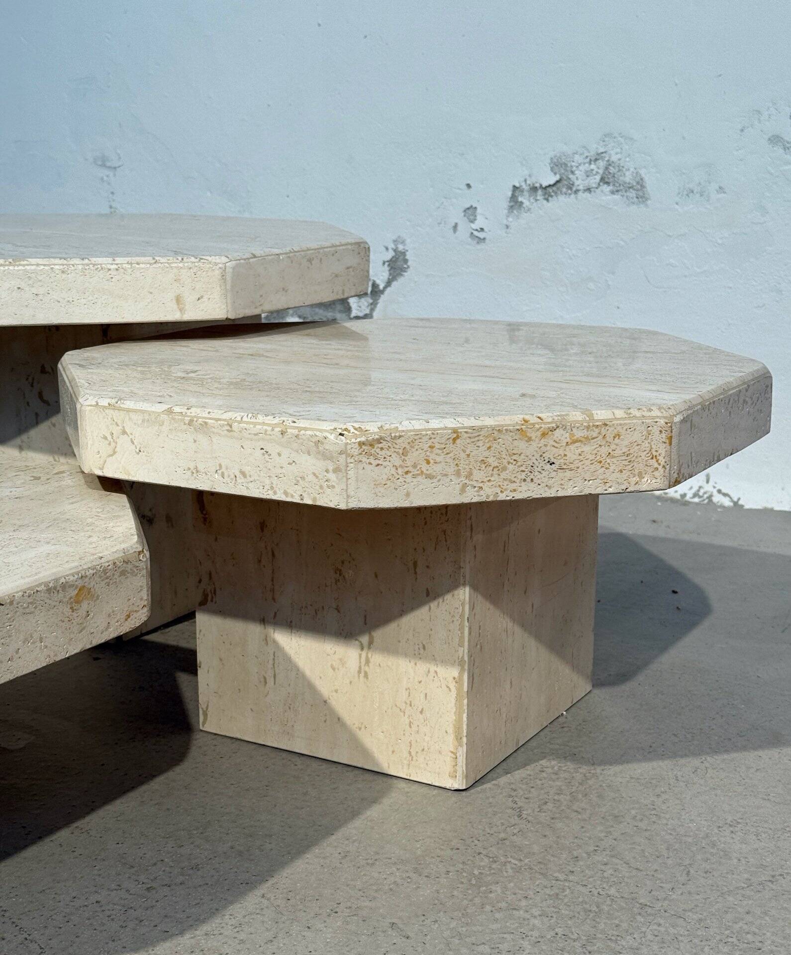 Set of 3 octagonal travertine tables 1970