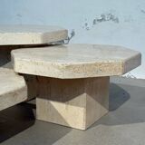 Set of 3 octagonal travertine tables 1970