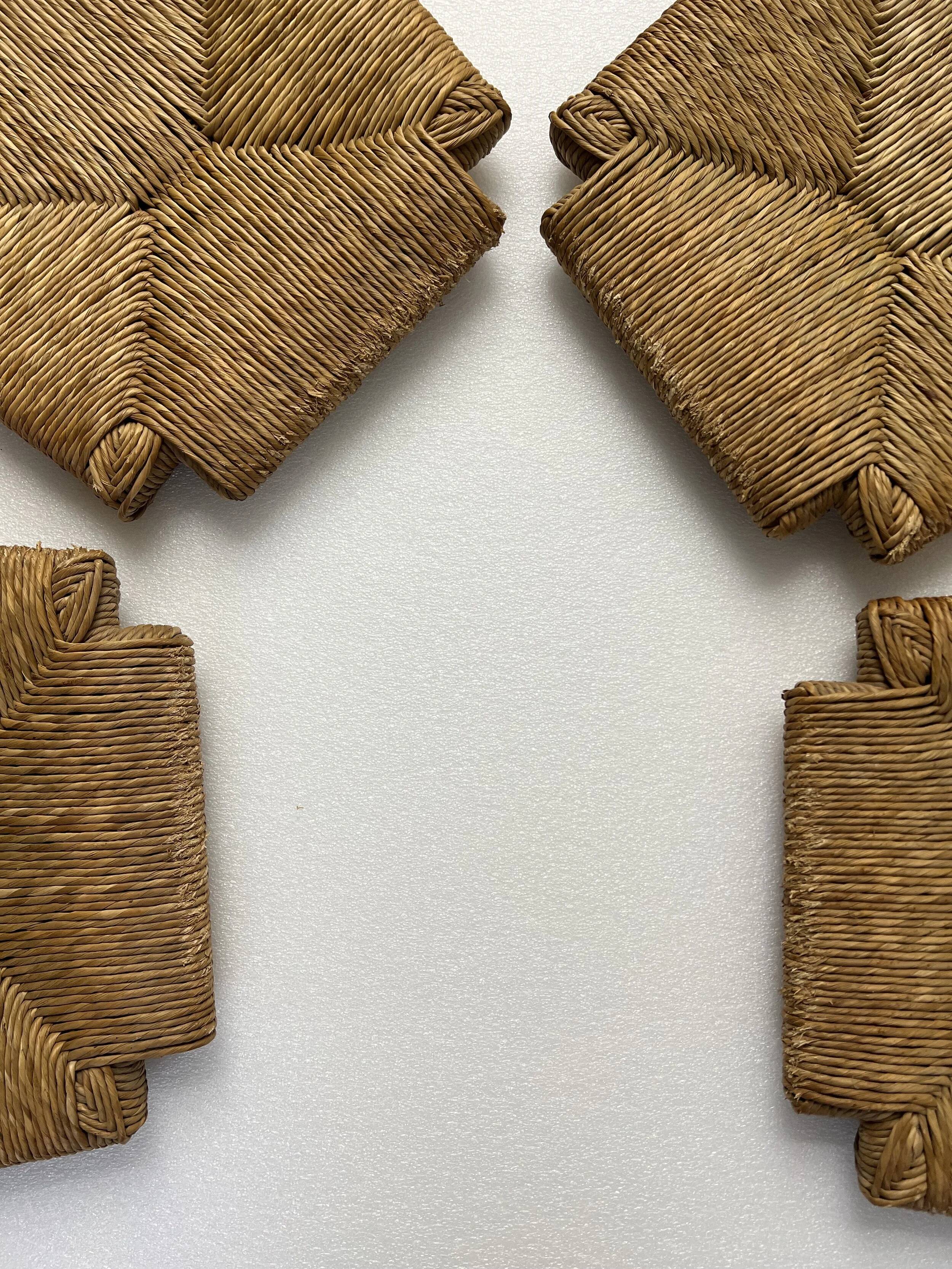 4 brutalist oak rush seat chairs | France | 1960s
