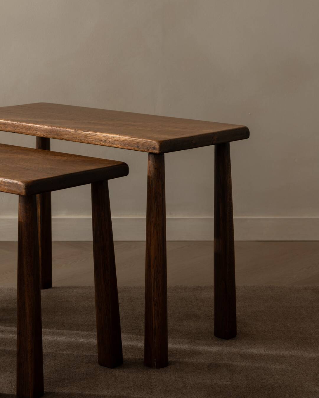 Vintage Oak Nesting Tables (Set of 3) – Rustic Modernist Side Tables, 1970s