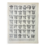 Gravure ancienne 1898, Chapiteau, poteau, architecture • Lithographie, Planche originale