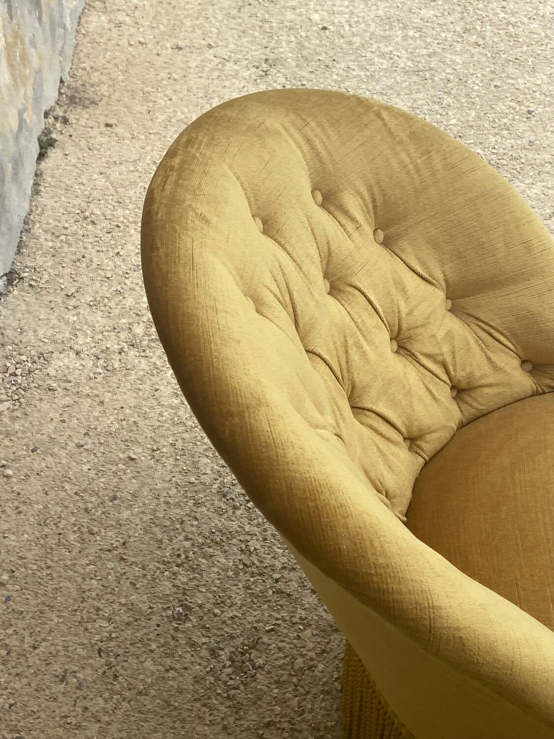 Pair of vintage toad armchairs in golden yellow velvet