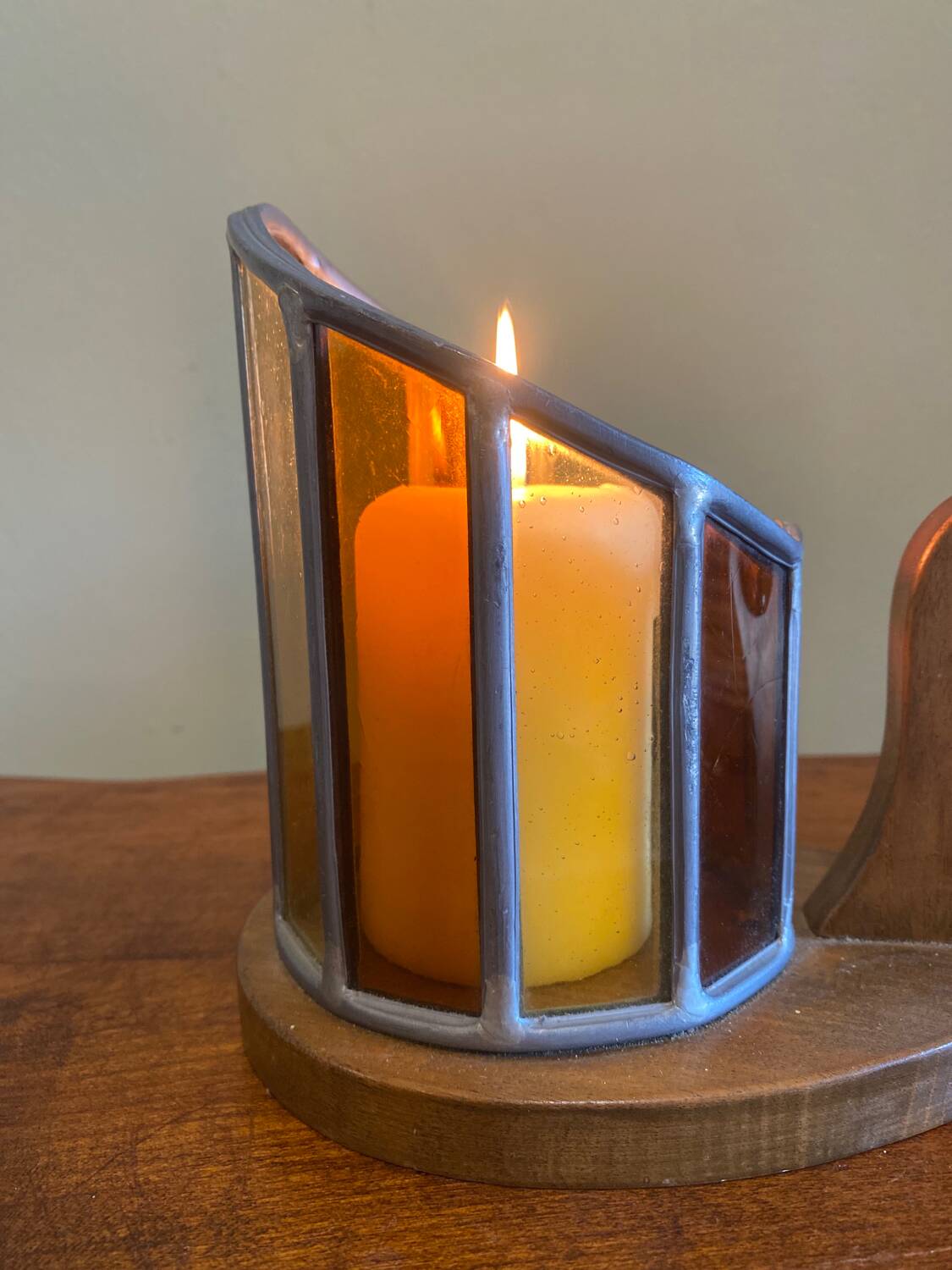 Wooden and stained glass candle holder