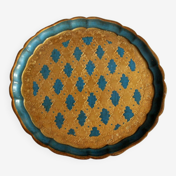 Round wooden florentine tray in blue-gold, diameter 34,5 cm, vintage from the 1960s