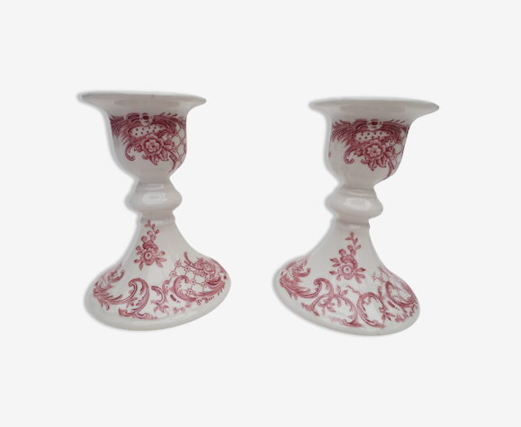 Duo de bougeoirs en faience  blanche décor rose toile de jouy