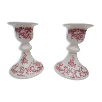 Former duo of candlesticks in white faience decoration pink toile de jouy