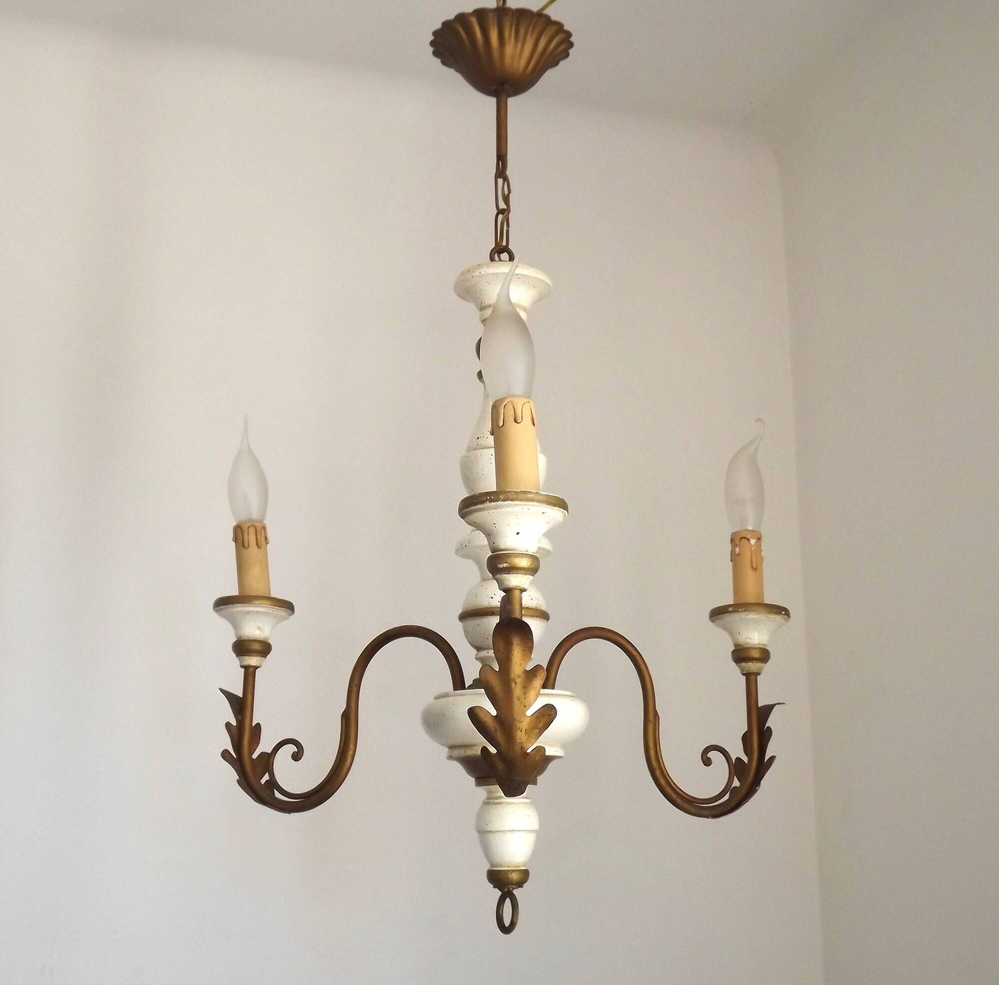 Vintage French 3-Light Chandelier White Wood & Bronzed Effect Metal