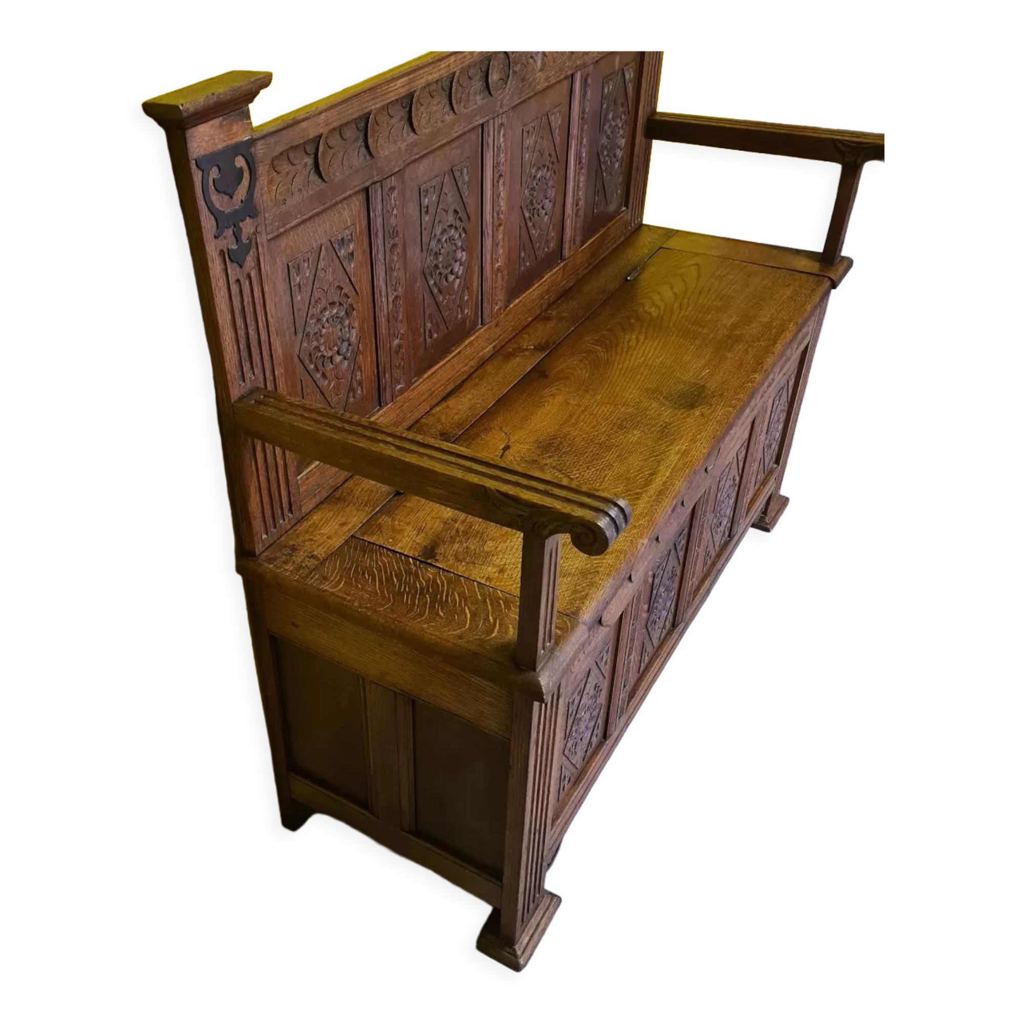 Antique Dutch Oak Hall Bench With Storage Space. Late 19th century.