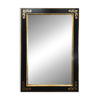 Grand miroir mural artisanal italien, cadre noir laqué et doré