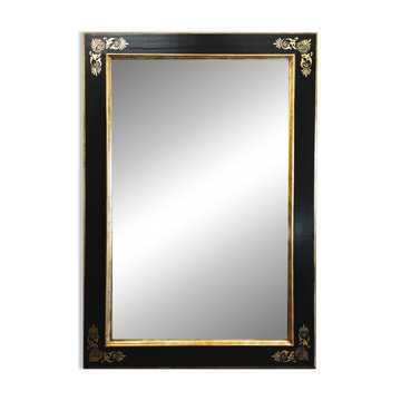 Grand miroir mural artisanal italien, cadre noir laqué et doré